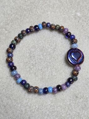 Handmade Multicolor Glass & Stone Bead Bracelet w/ Glass Reversible Heart Charm